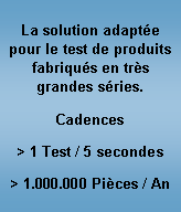 Zone de Texte: La solution adapte pour le test de produits fabriqus en trs grandes sries.Cadences> 1 Test / 5 secondes> 1.000.000 Pices / An